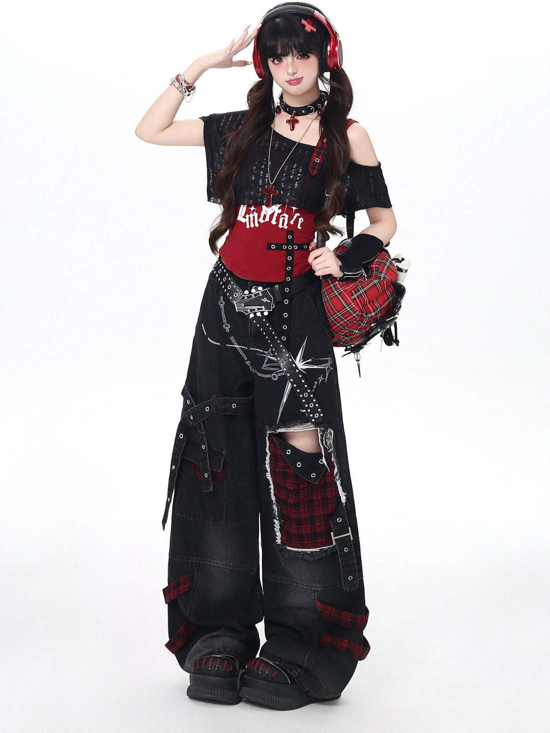 Punk Plaid Patchwork Wide Leg Jeans