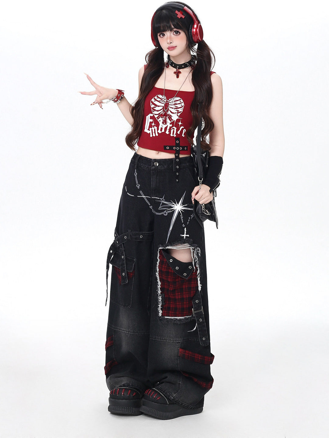 Punk Plaid Patchwork Wide Leg Jeans