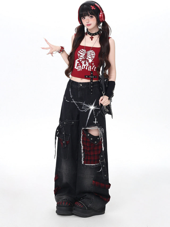Punk Plaid Patchwork Wide Leg Jeans