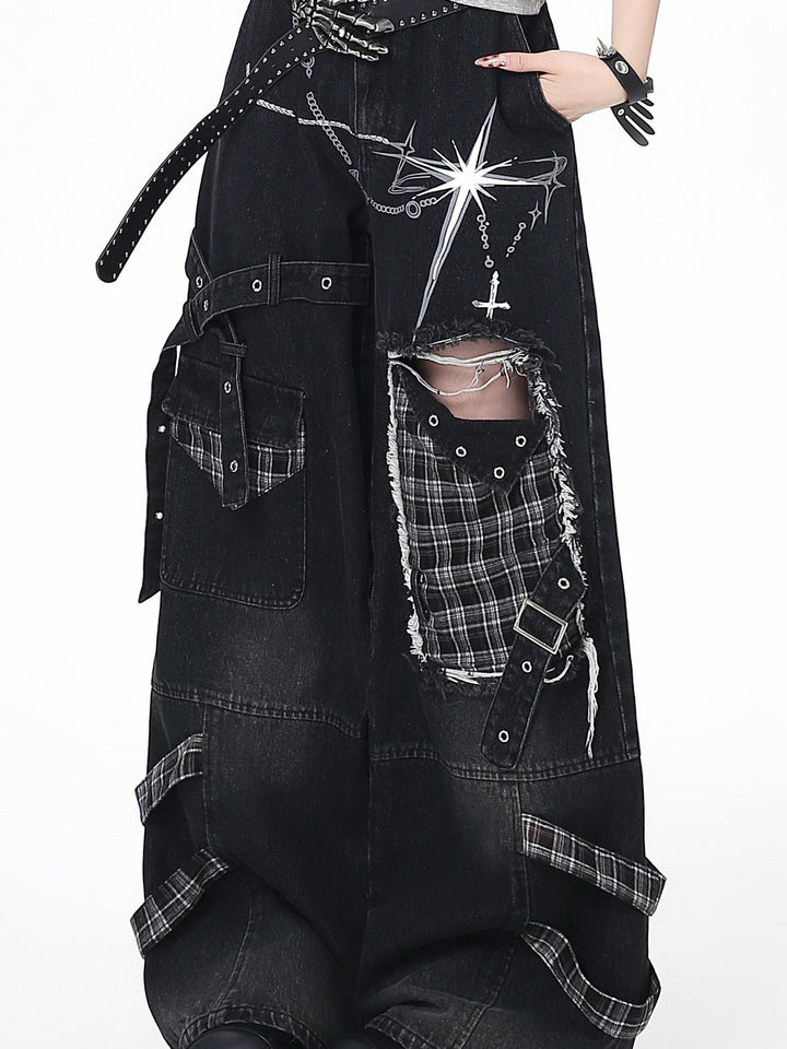 Punk Plaid Patchwork Wide Leg Jeans