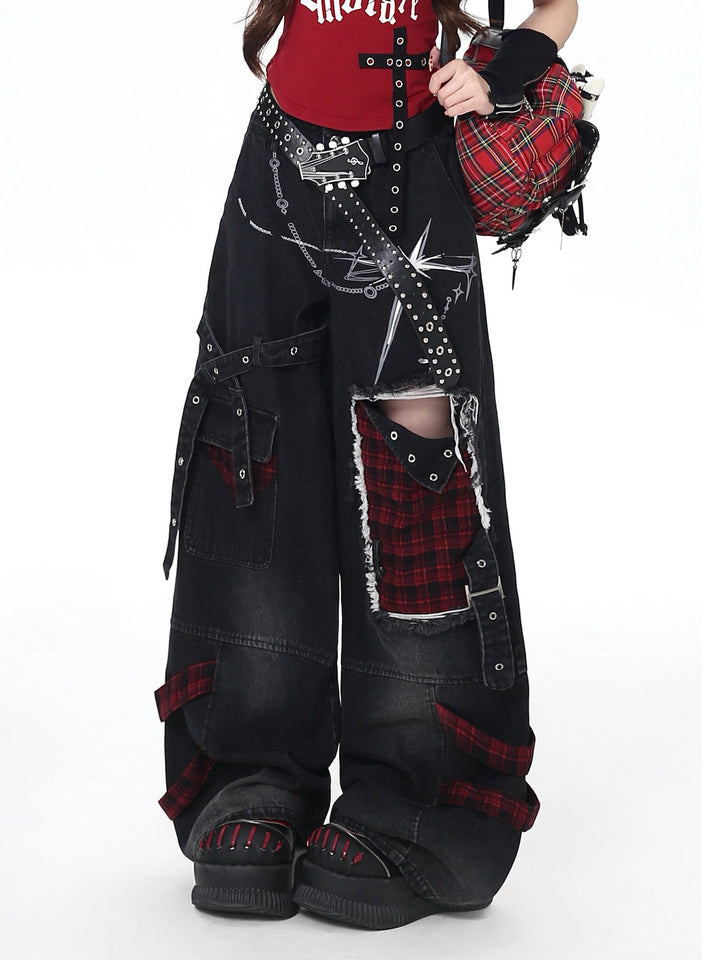 Punk Plaid Patchwork Wide Leg Jeans