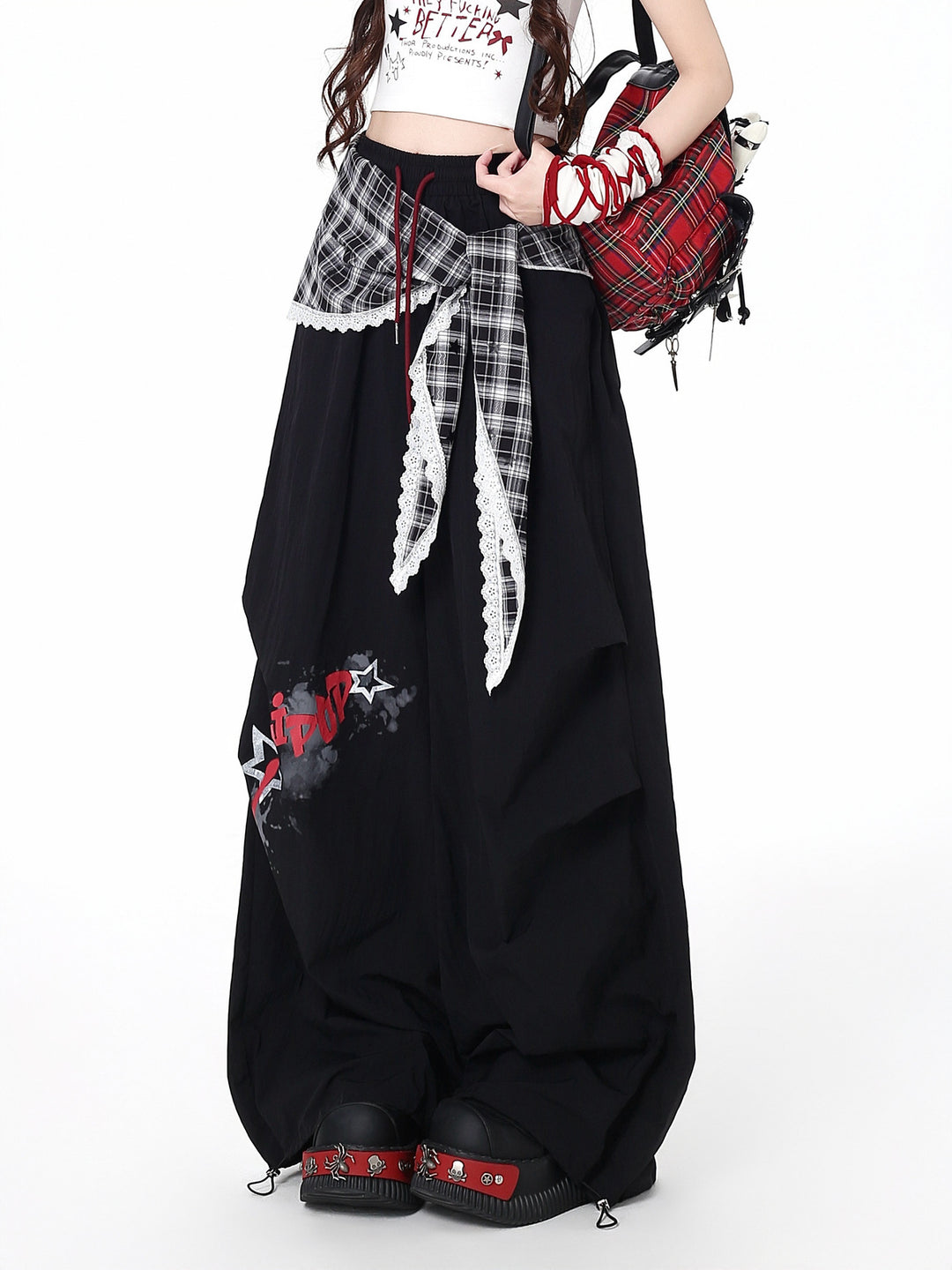 Y2K Plaid Layered Parachute Pants