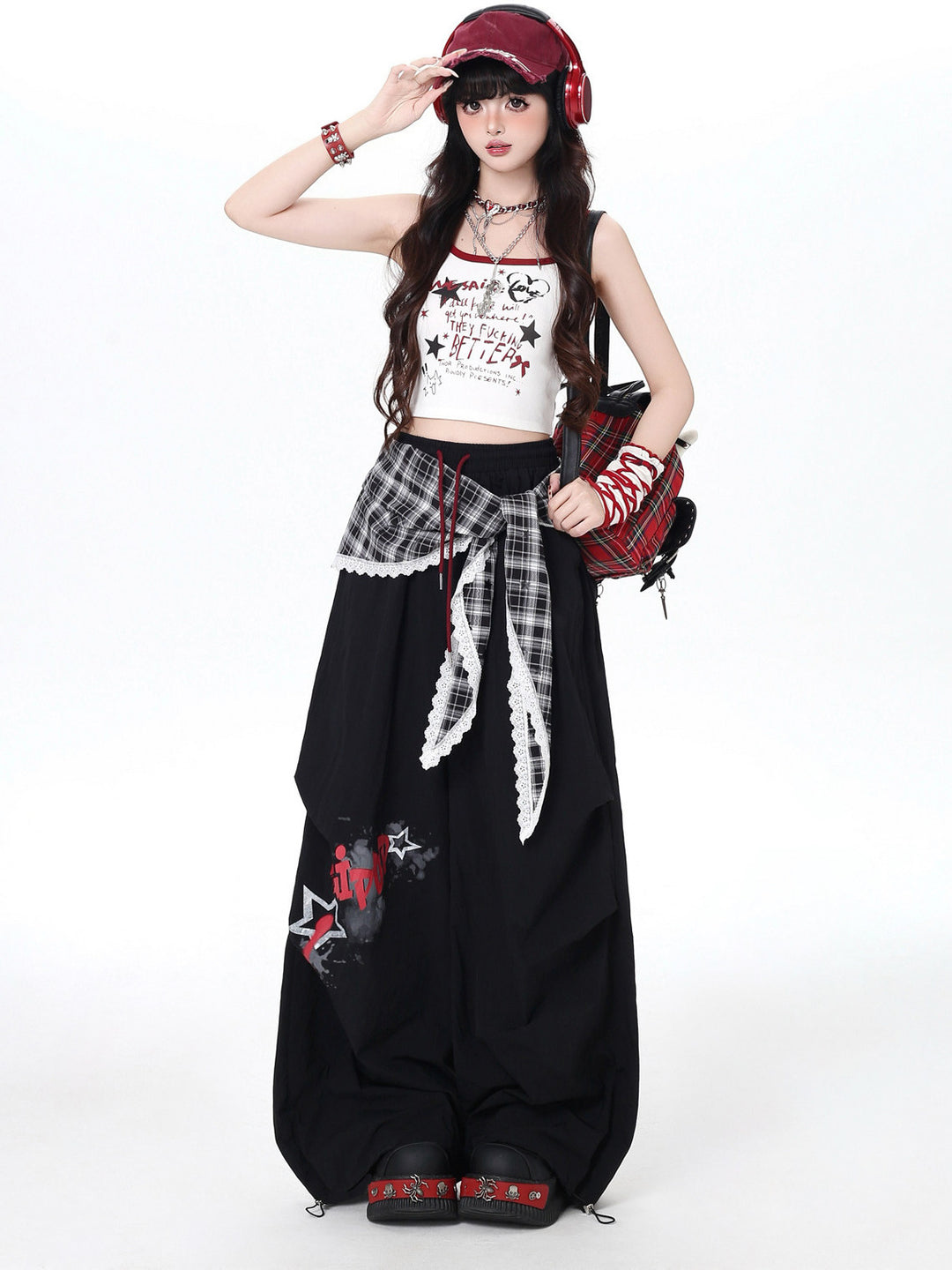 Y2K Plaid Layered Parachute Pants