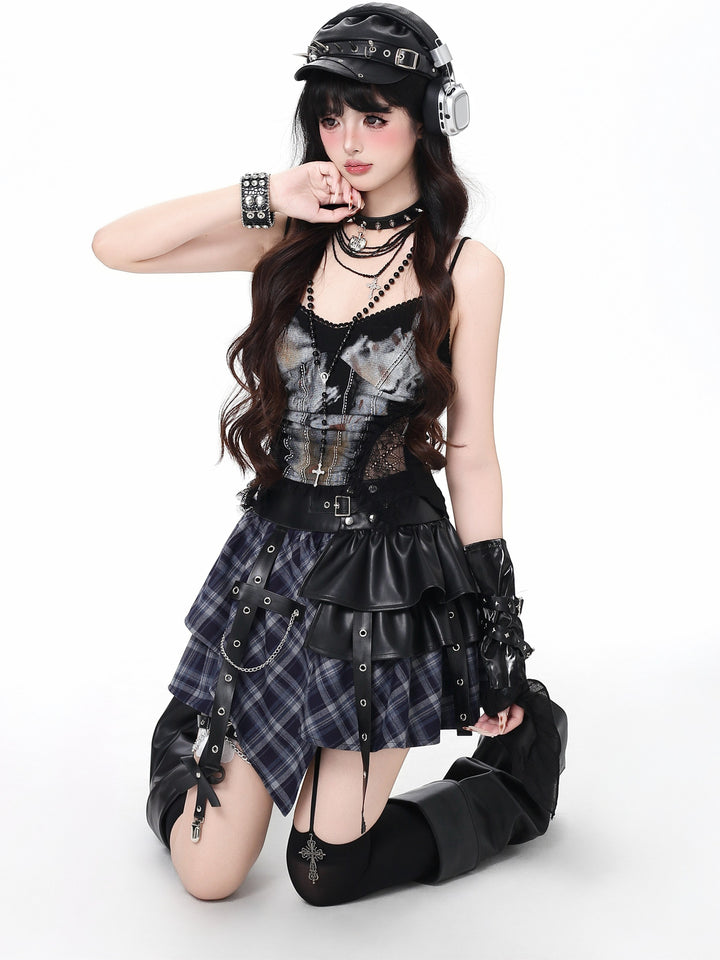 Y2K Plaid Harness Mini Skirt