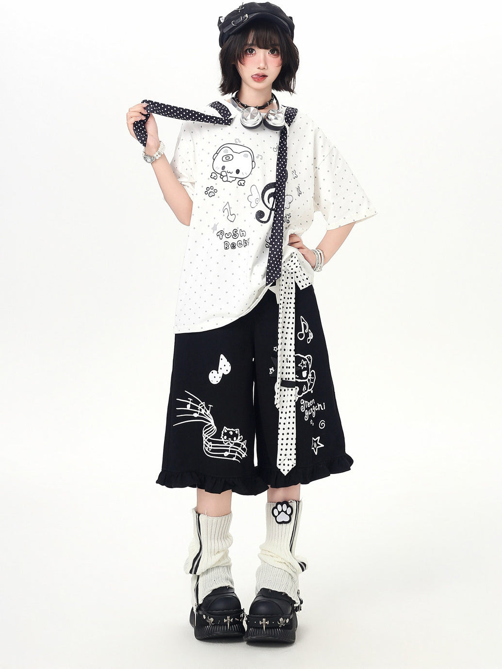 Kawaii Cat Music Graphic T-Shirt