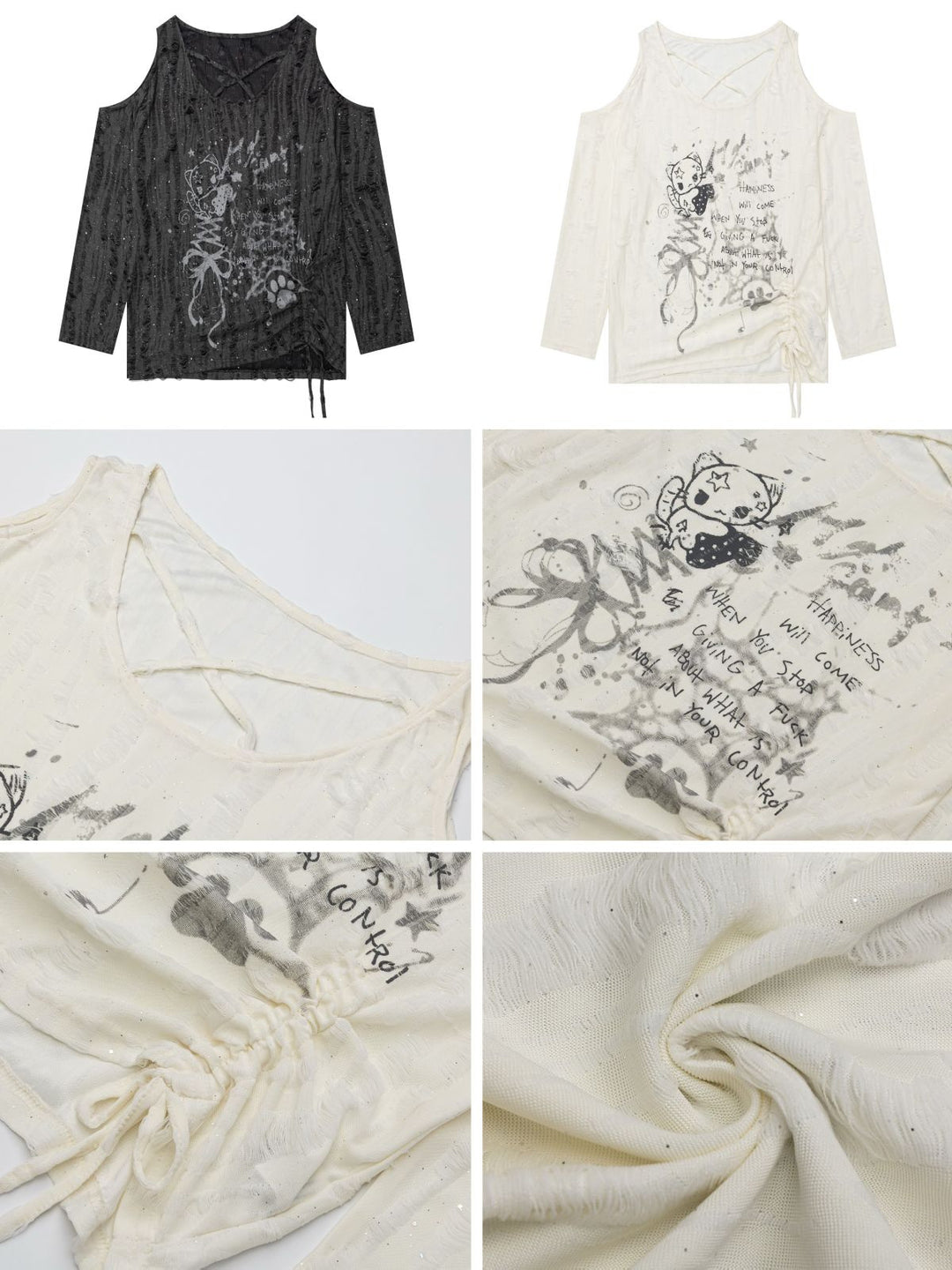 Y2K Distressed Cold-Shoulder Graphic Top