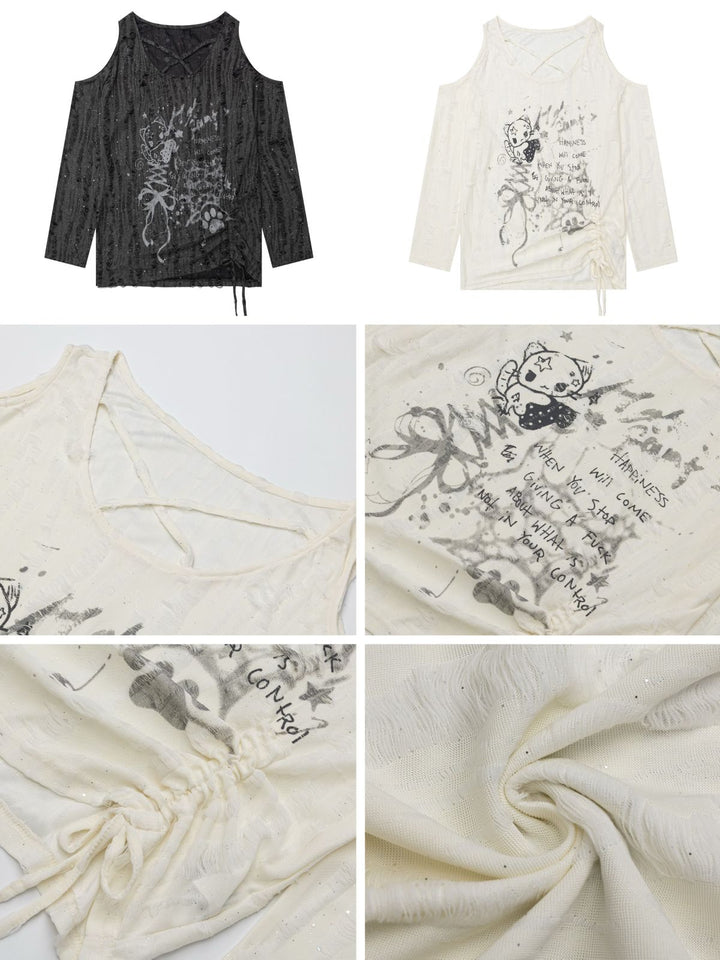 Y2K Distressed Cold-Shoulder Graphic Top