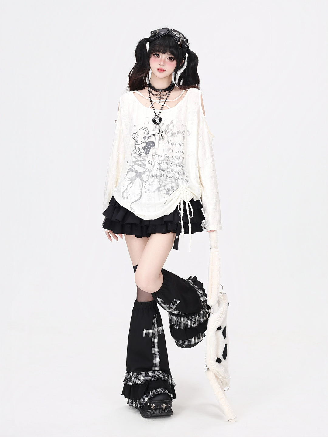 Y2K Distressed Cold-Shoulder Graphic Top