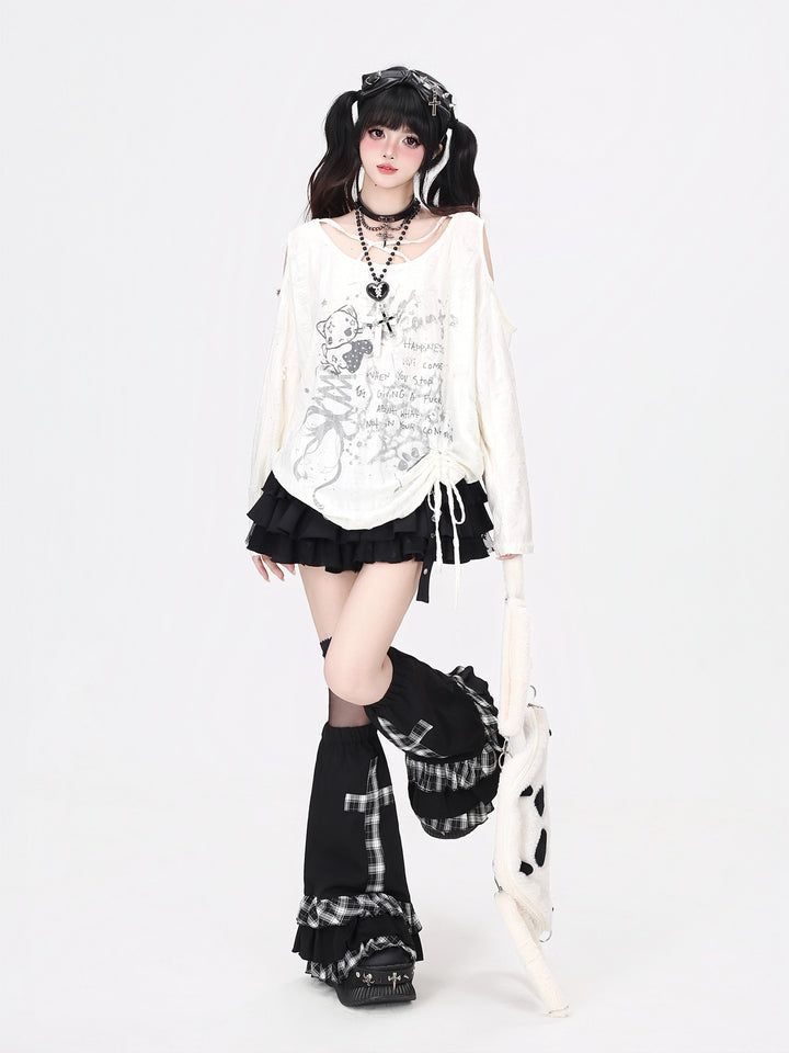Y2K Distressed Cold-Shoulder Graphic Top