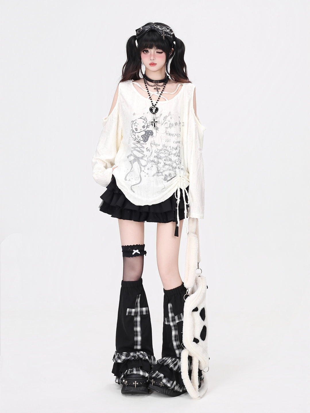 Y2K Distressed Cold-Shoulder Graphic Top