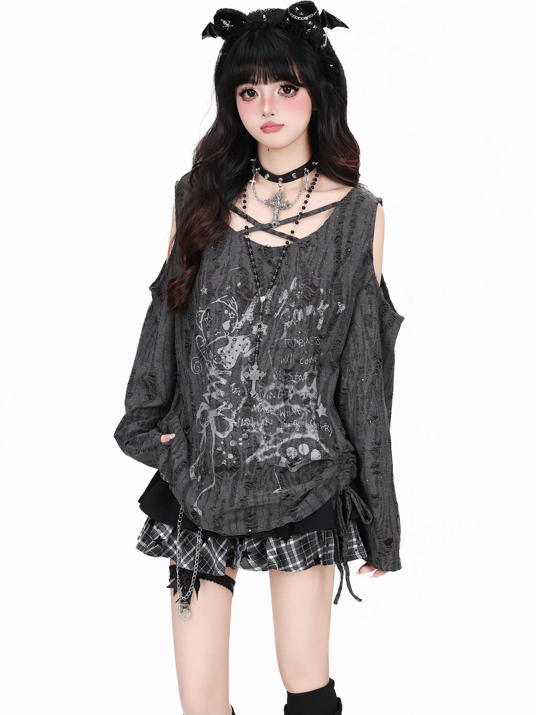 Y2K Distressed Cold-Shoulder Graphic Top