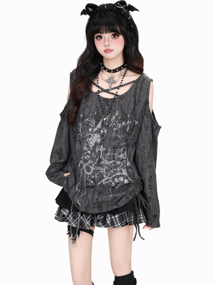 Y2K Distressed Cold-Shoulder Graphic Top