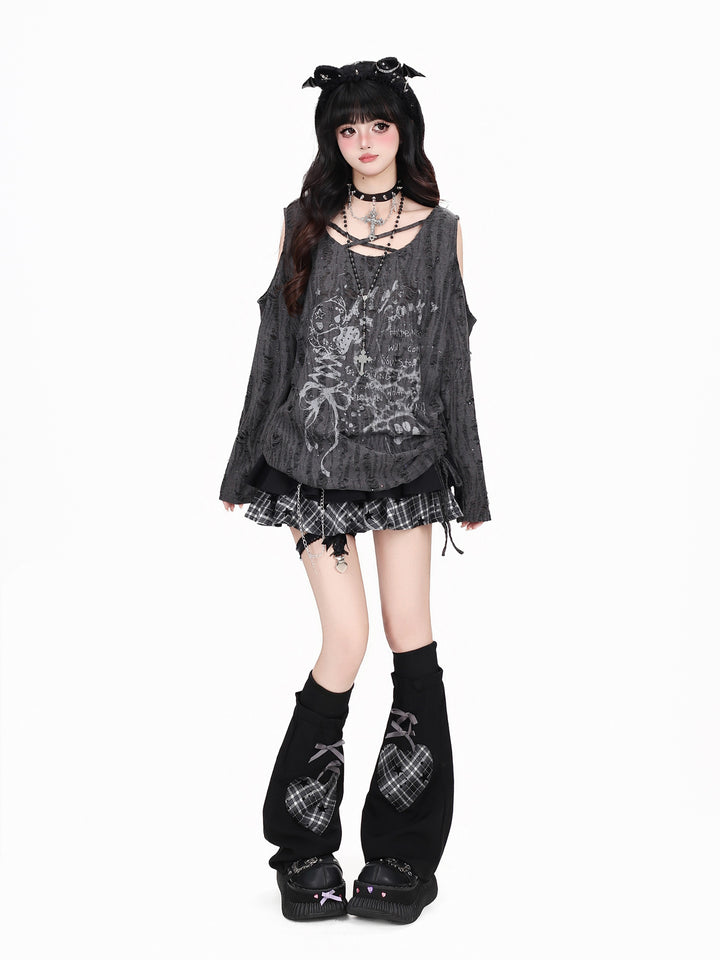 Y2K Distressed Cold-Shoulder Graphic Top