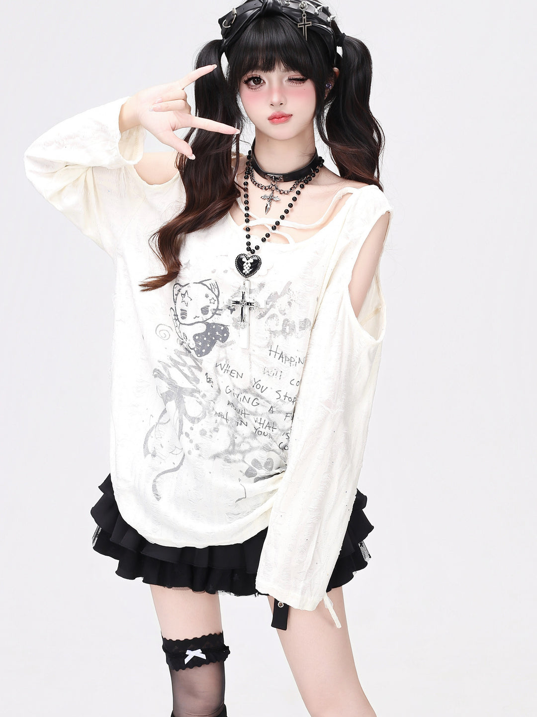 Y2K Distressed Cold-Shoulder Graphic Top