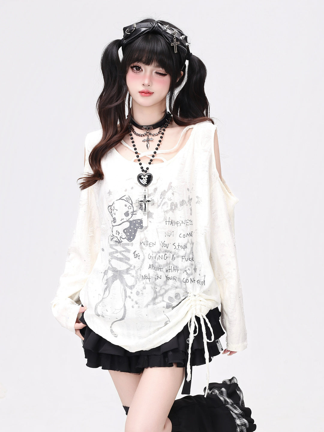 Y2K Distressed Cold-Shoulder Graphic Top