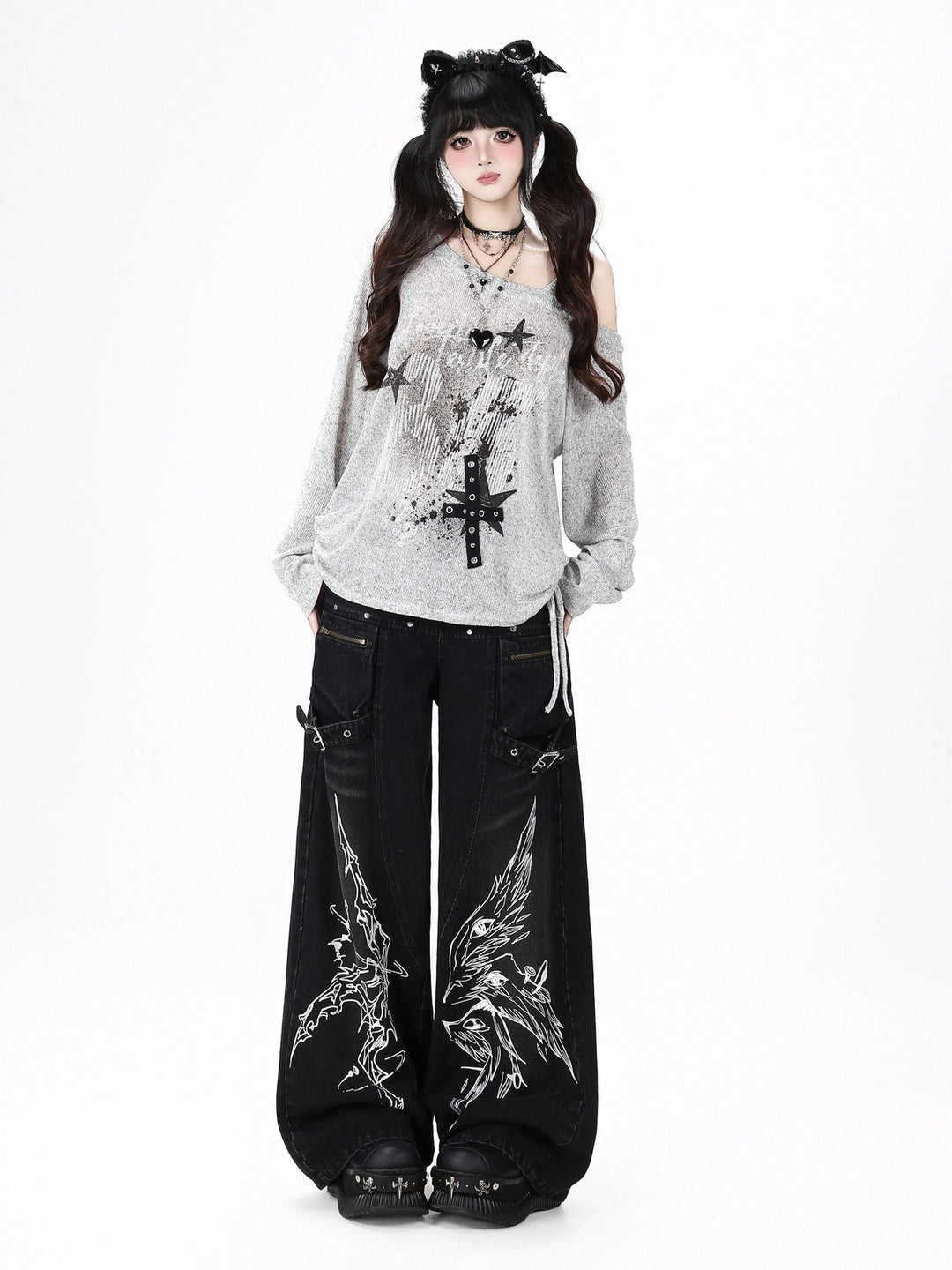 Gothic Graphic Cargo Wide Leg Jeans