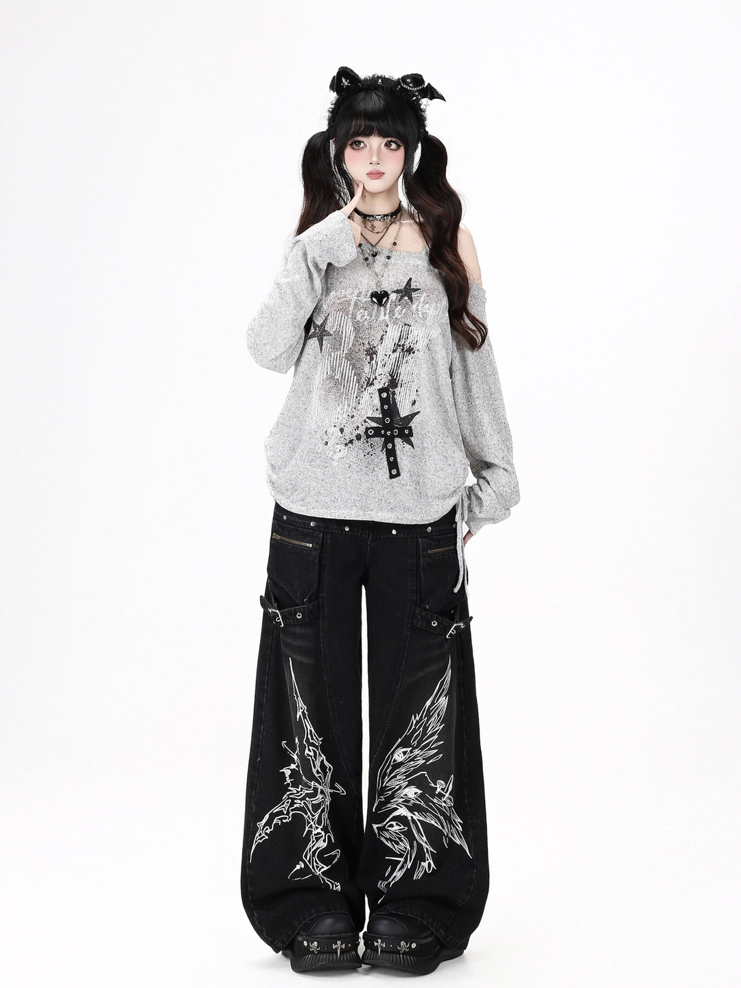 Gothic Graphic Cargo Wide Leg Jeans