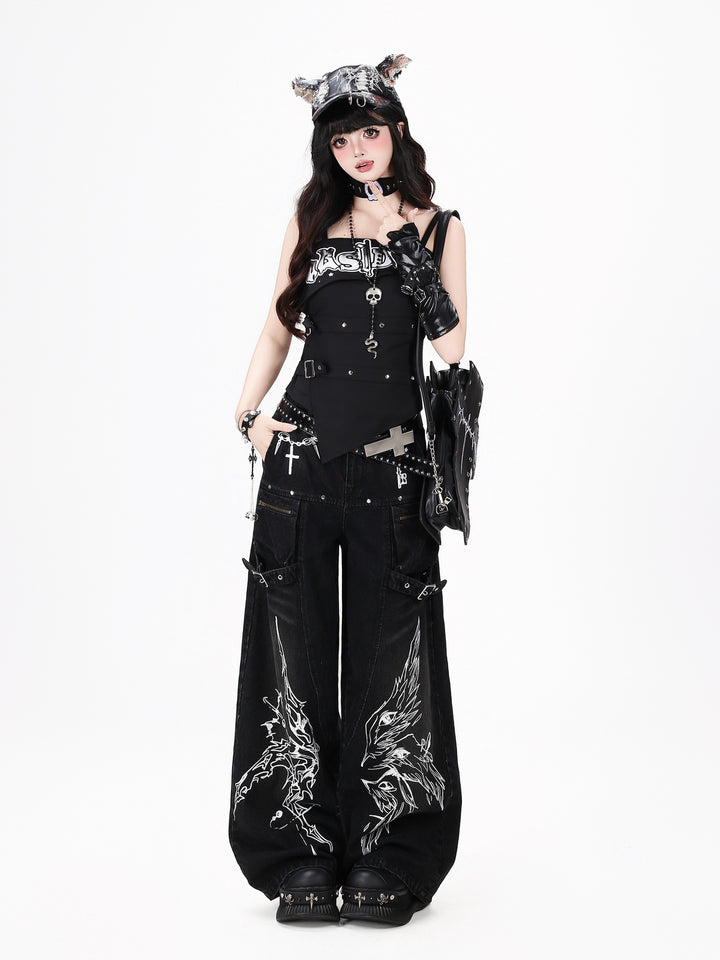 Gothic Graphic Cargo Wide Leg Jeans
