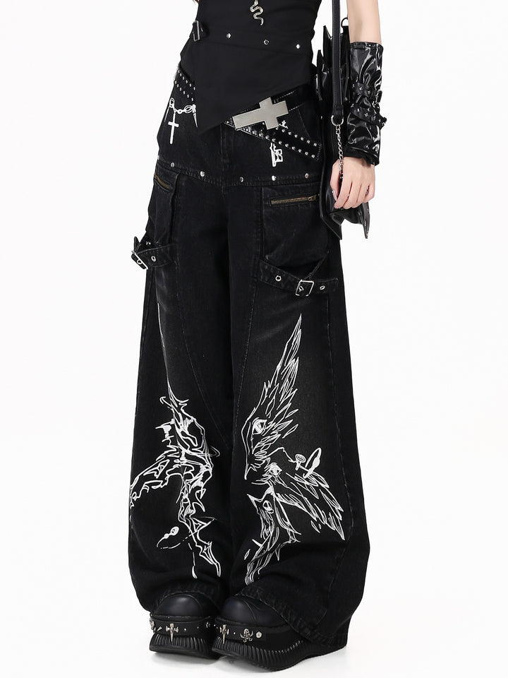 Gothic Graphic Cargo Wide Leg Jeans