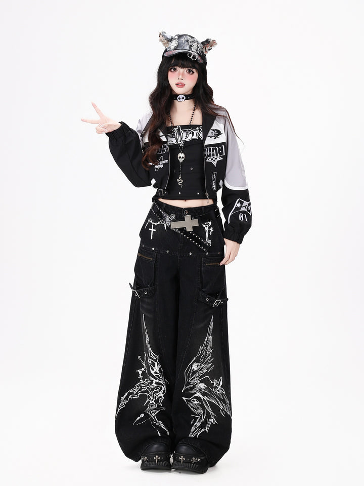 Gothic Graphic Cargo Wide Leg Jeans