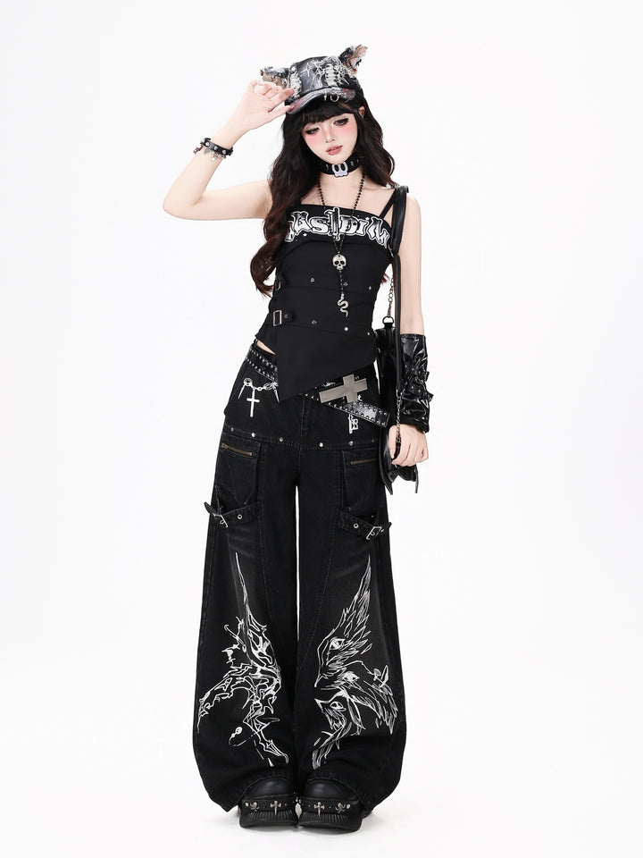 Gothic Graphic Cargo Wide Leg Jeans
