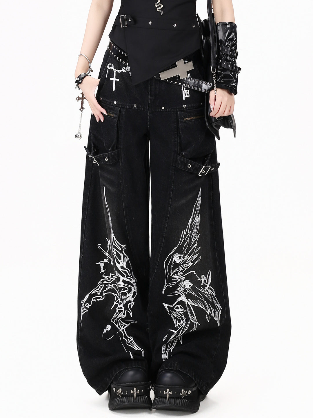 Gothic Graphic Cargo Wide Leg Jeans