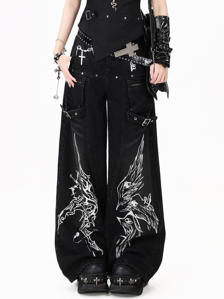 Gothic Graphic Cargo Wide Leg Jeans