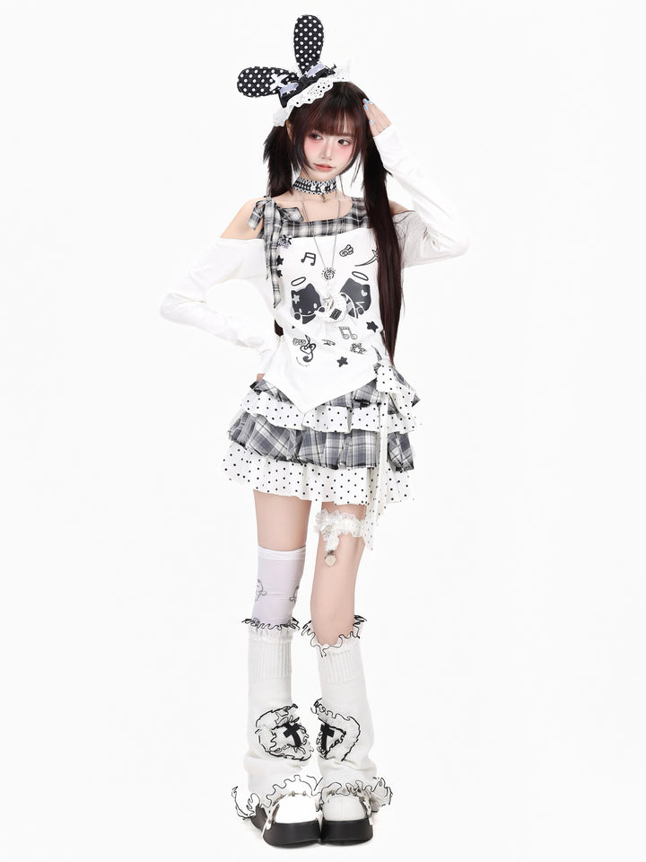 Kawaii Cat Graphic Off-Shoulder Top