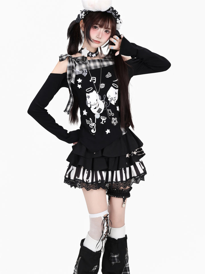 Kawaii Cat Graphic Off-Shoulder Top