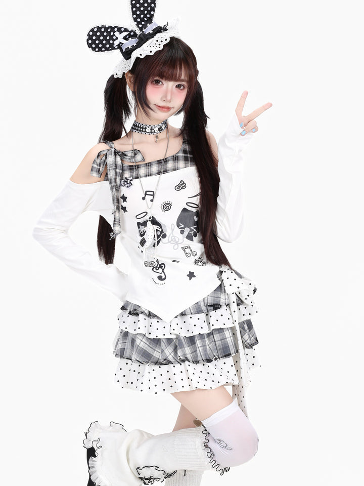 Kawaii Cat Graphic Off-Shoulder Top