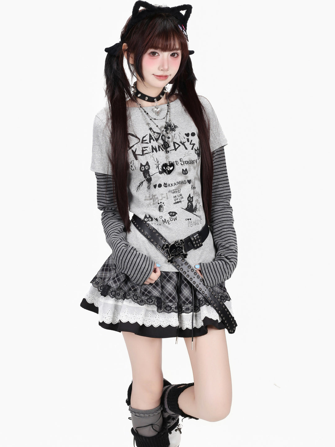 Grunge Cat Graphic Layered Top