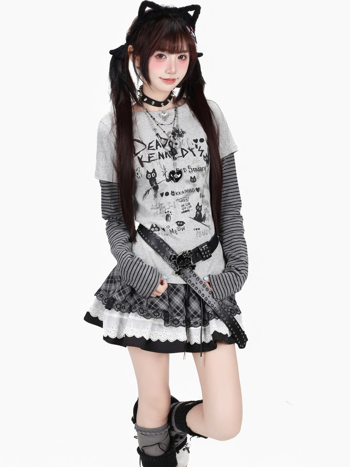 Grunge Cat Graphic Layered Top