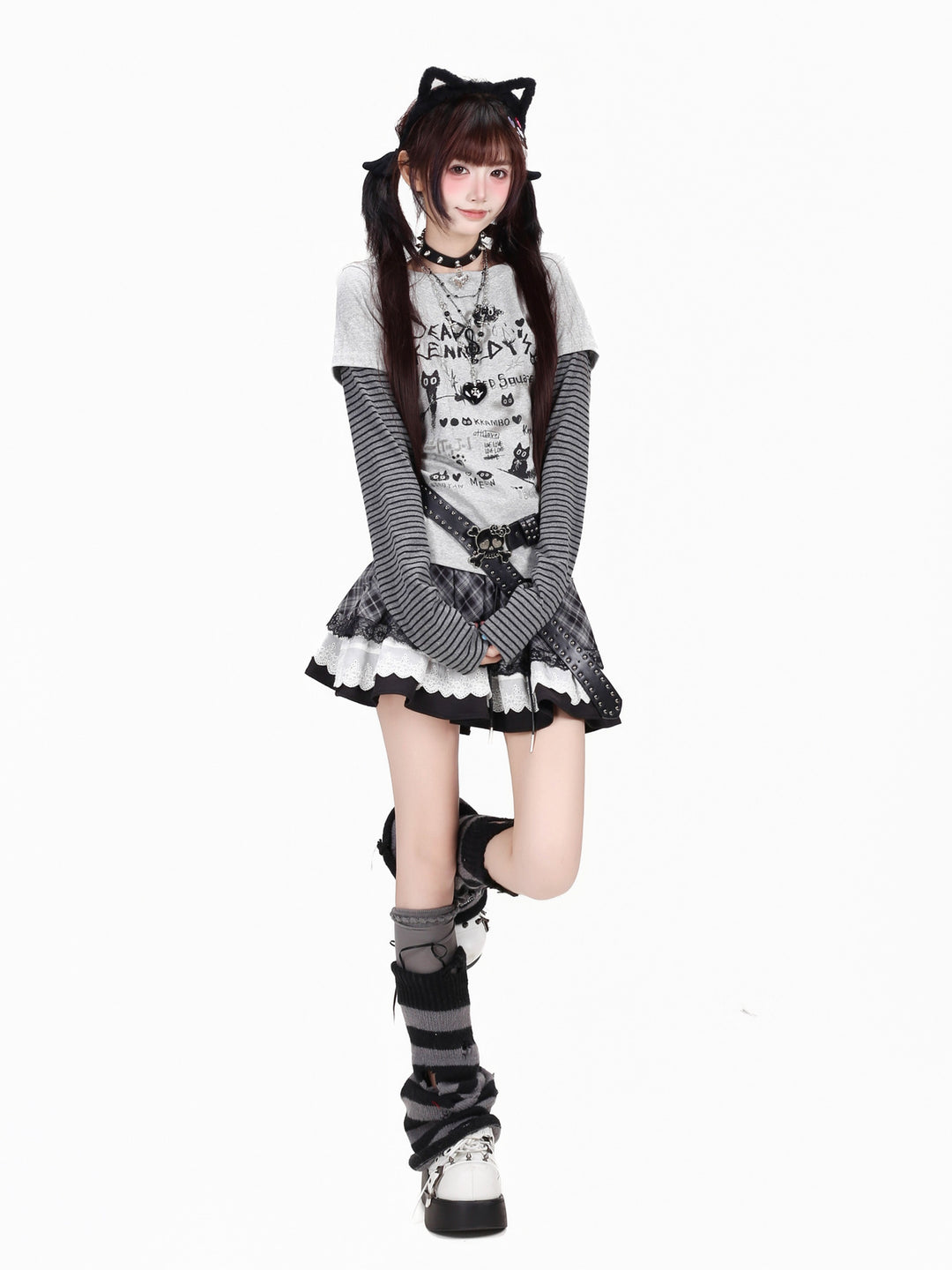 Grunge Cat Graphic Layered Top