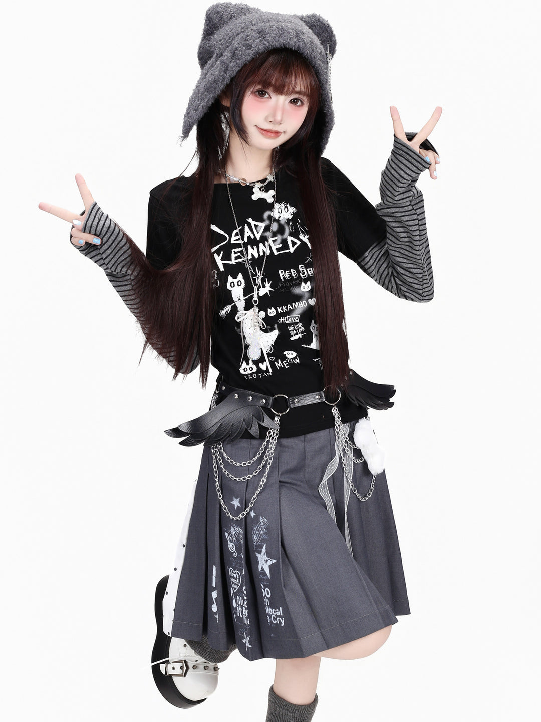 Grunge Cat Graphic Layered Top