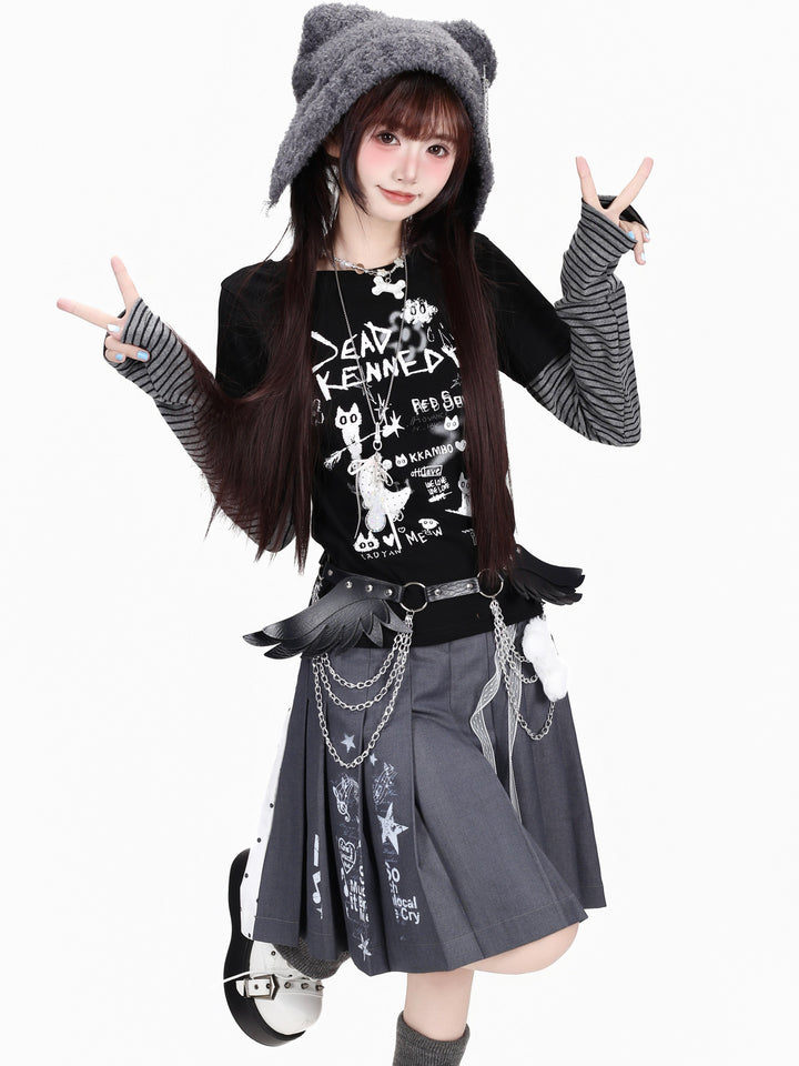 Grunge Cat Graphic Layered Top