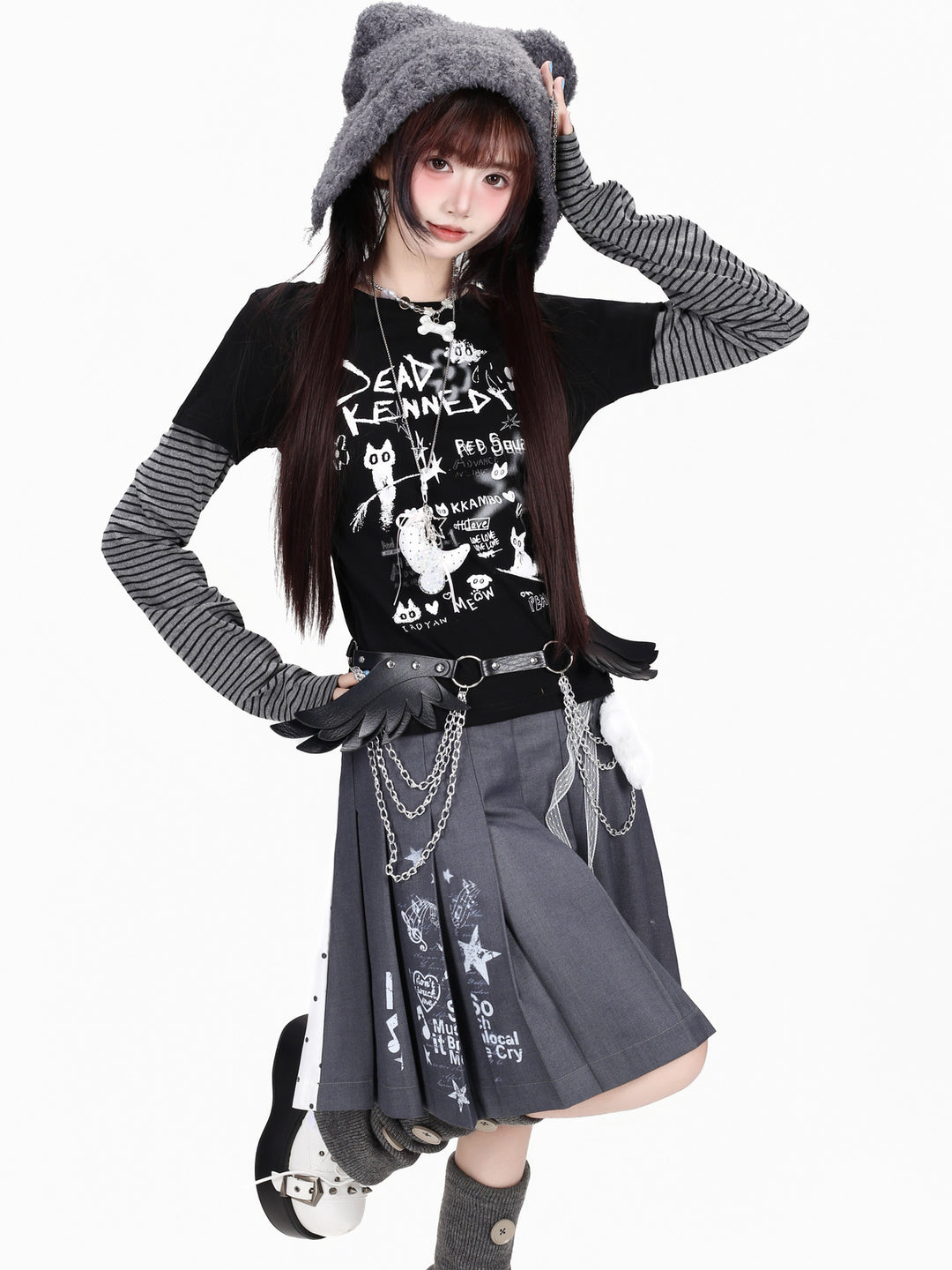 Grunge Cat Graphic Layered Top
