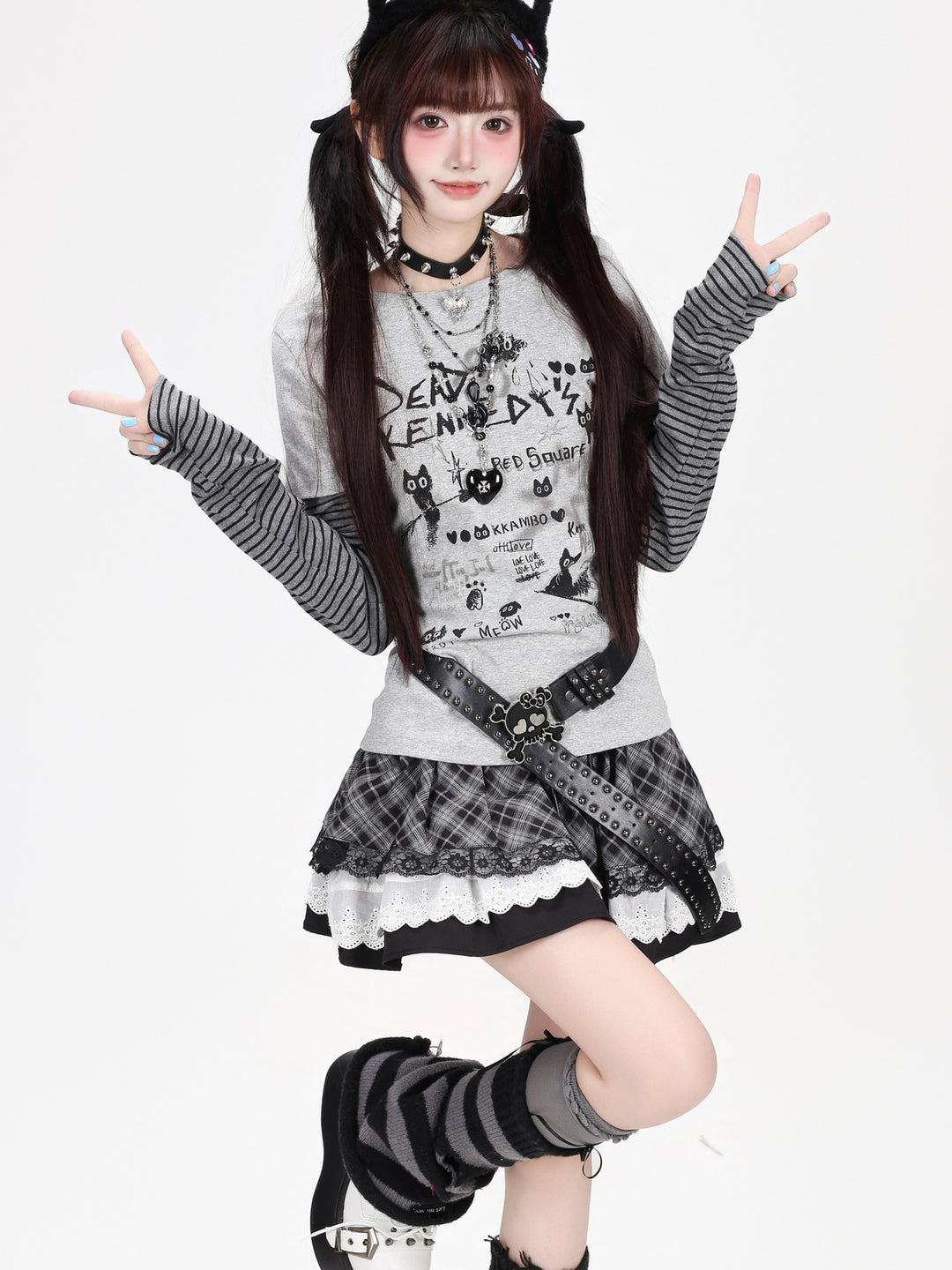 Grunge Cat Graphic Layered Top
