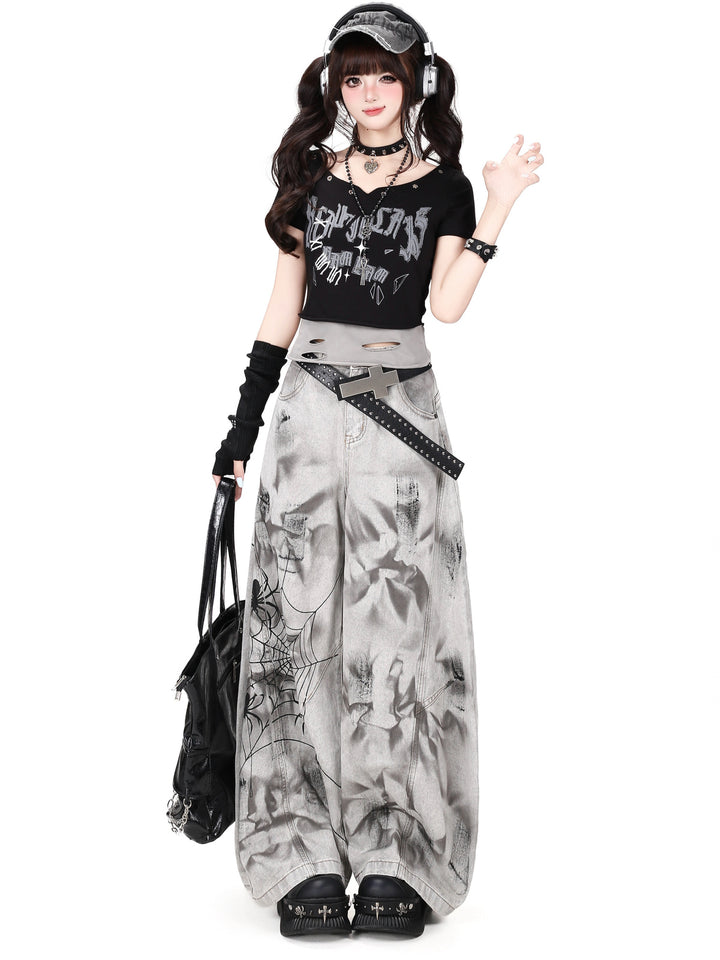 Grunge Spiderweb Wide Leg Jeans