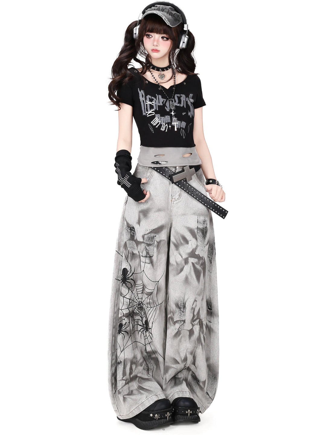 Grunge Spiderweb Wide Leg Jeans