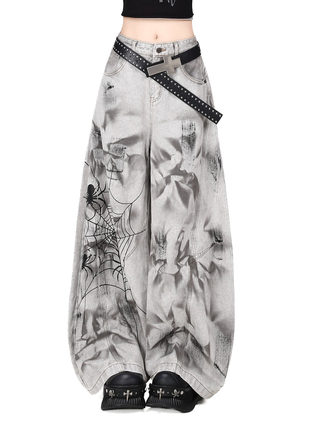 Grunge Spiderweb Wide Leg Jeans