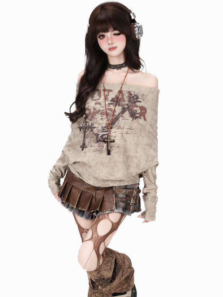 Grunge Off-Shoulder Graphic Top