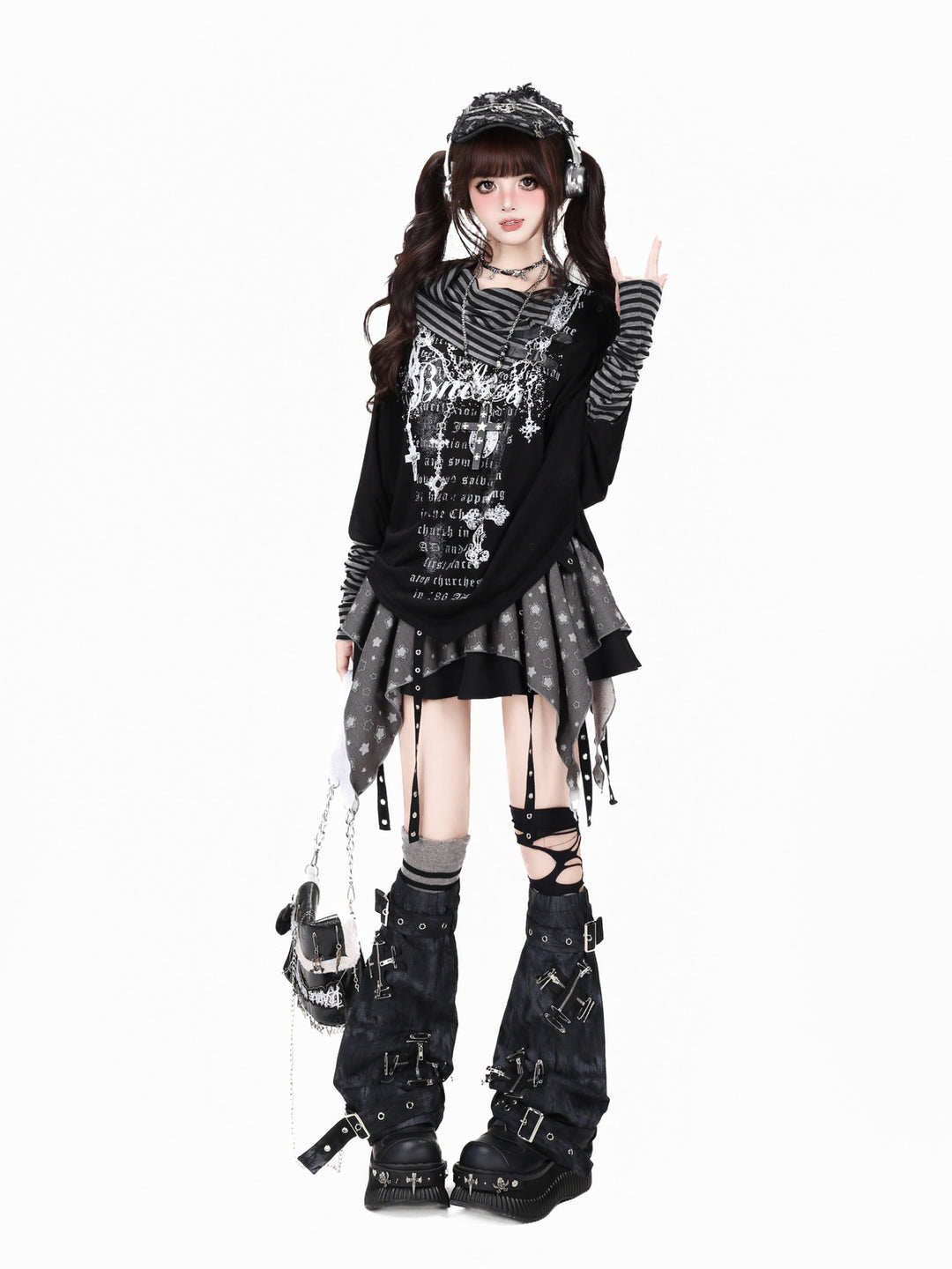 Gothic Buckle Cowl Neck Graphic Top