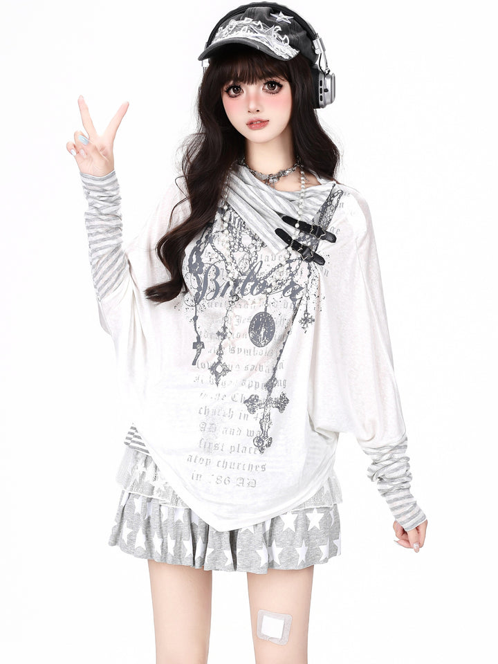 Gothic Buckle Cowl Neck Graphic Top