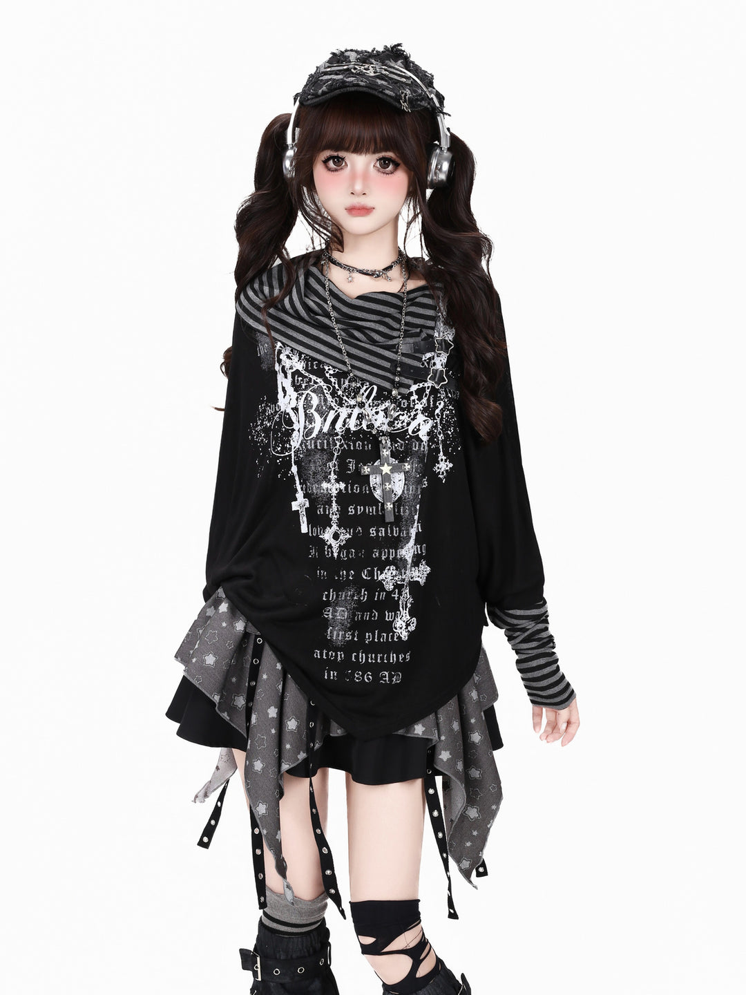 Gothic Buckle Cowl Neck Graphic Top