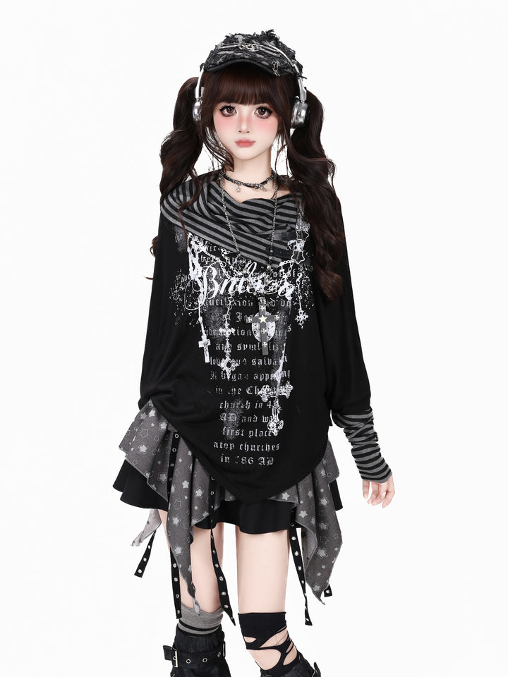 Gothic Buckle Cowl Neck Graphic Top