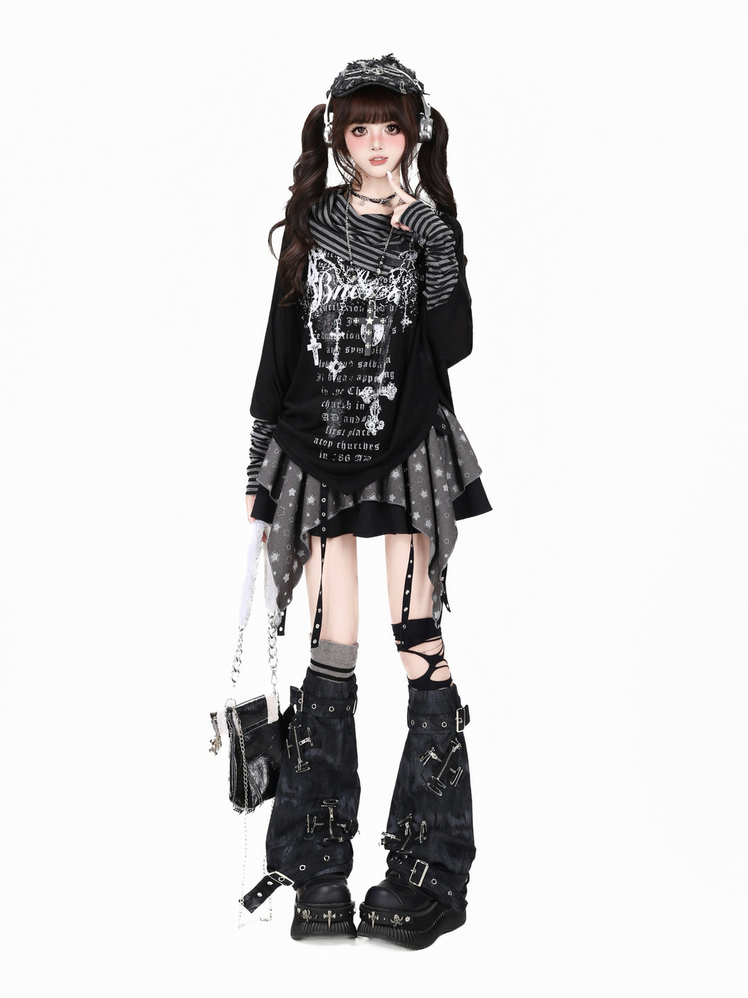 Gothic Buckle Cowl Neck Graphic Top