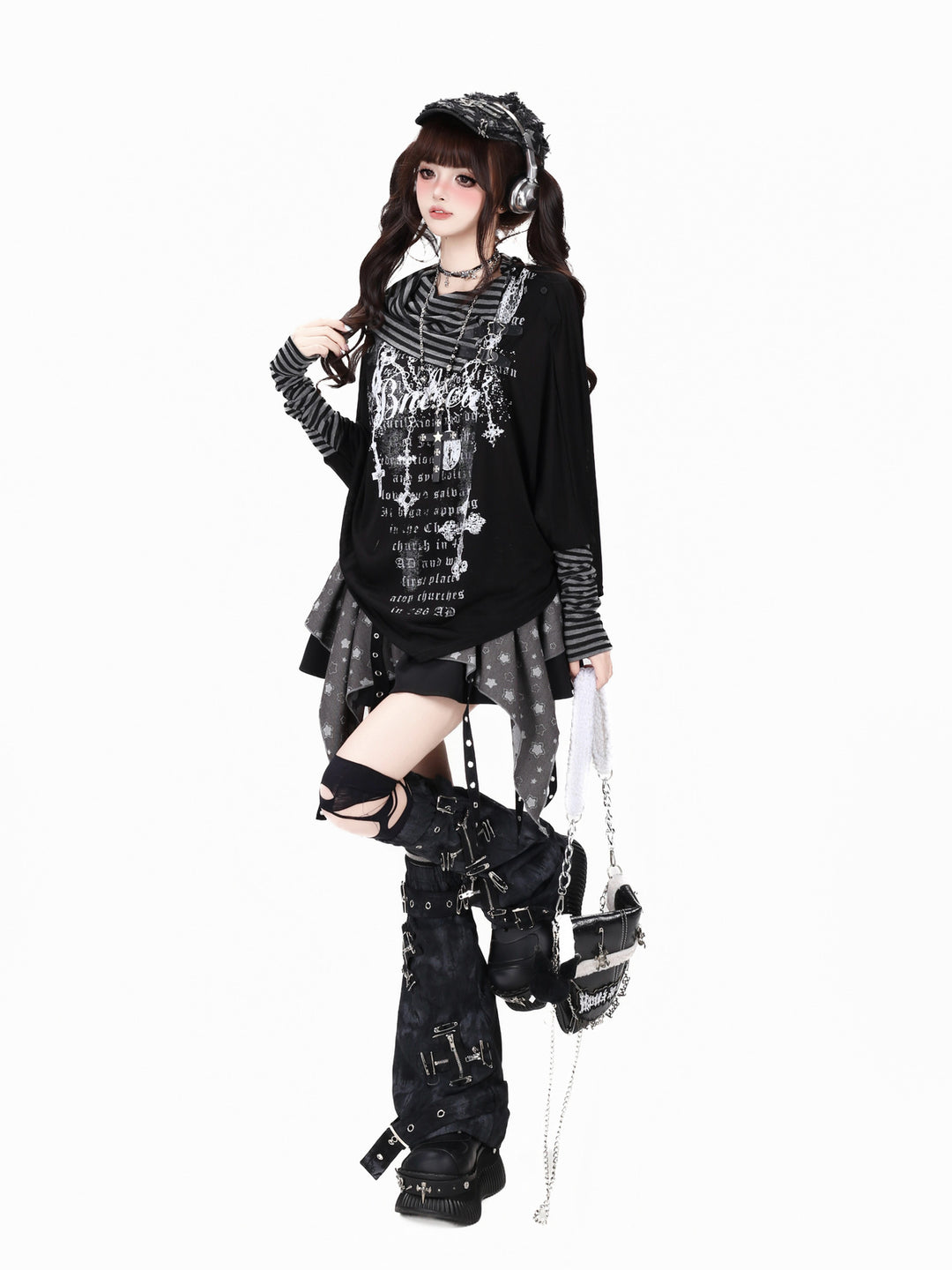 Gothic Buckle Cowl Neck Graphic Top