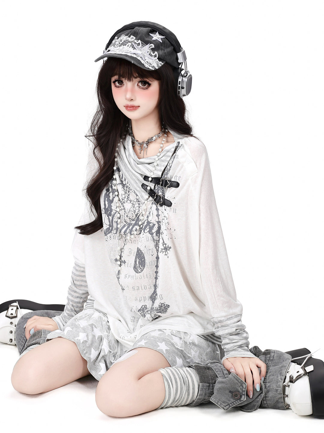 Gothic Buckle Cowl Neck Graphic Top
