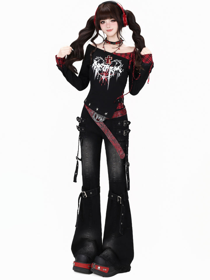 Y2K Buckle Strap Flare Jeans