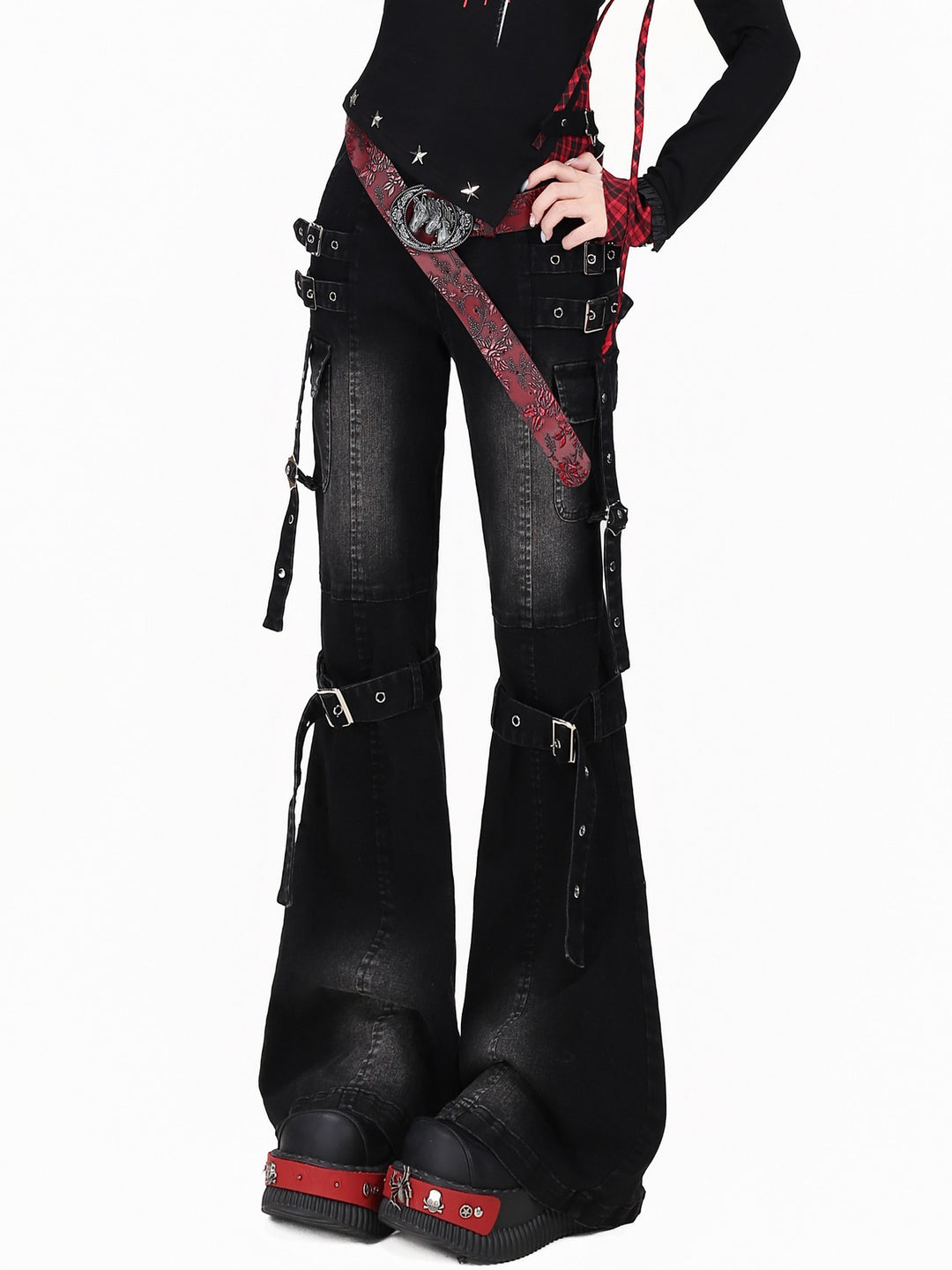 Y2K Buckle Strap Flare Jeans